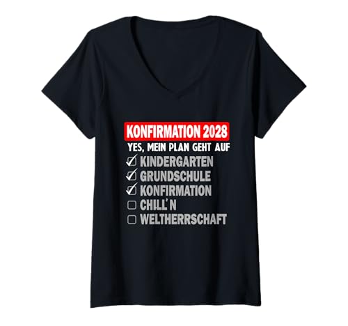 Damen Konfirmation 2028 Geschenk Lustiges Shirt Checkliste Plan T-Shirt mit V-Ausschnitt Damen Konfirmation 2028 Geschenk Lustiges Shirt Checkliste Plan T-Shirt mit V-Ausschnitt von Konfirmation Geschenk Idee Christentum Familie