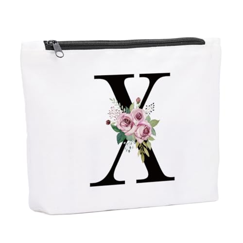 KongMoTree Make-up-Tasche mit Initiale A-Z, personalisierbar, Blumenmuster, für Braut, Brautjungfer, Geburtstagsgeschenk, Geschenk für Frauen, Mutter, Oma, Lehrer, Reise-Make-up-Tasche, Geschenke für von KongMoTree