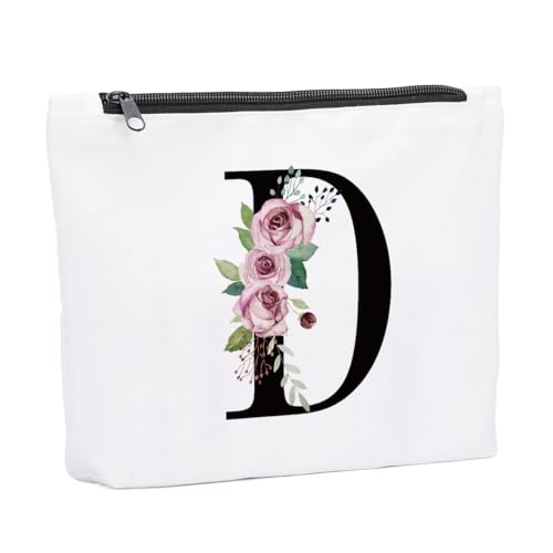 KongMoTree Make-up-Tasche mit Initiale A-Z, personalisierbar, Blumenmuster, für Braut, Brautjungfer, Geburtstagsgeschenk, Geschenk für Frauen, Mutter, Oma, Lehrer, Reise-Make-up-Tasche, Geschenke für von KongMoTree