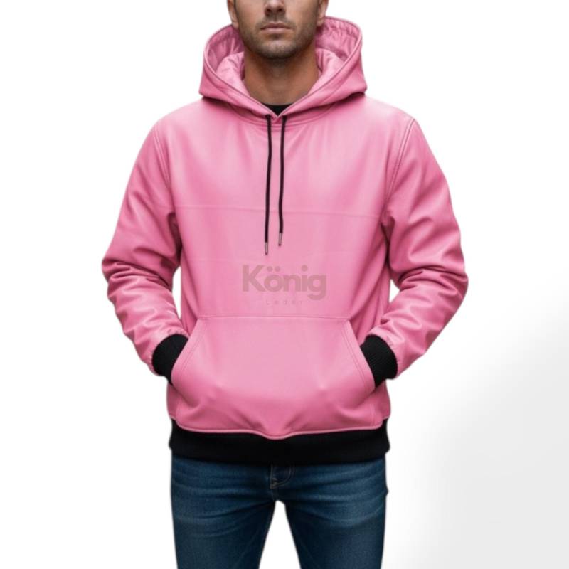 Herren Pink Lambskin Leather Hoodie Handgefertigte Pullover-Jacke von KonigLeder
