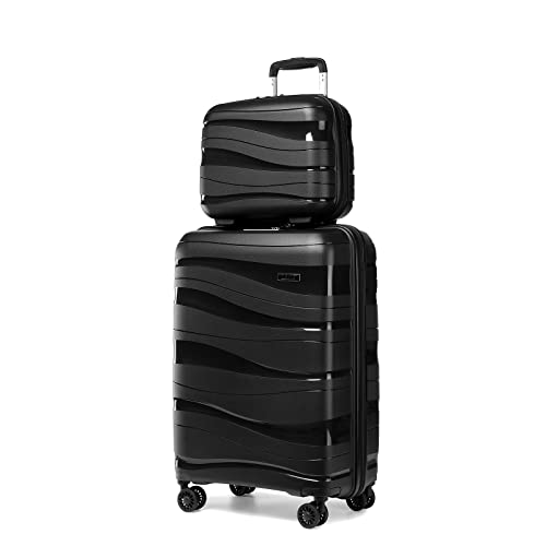 KONO Koffer Trolleys Gepäcksets 2 Teilig Kofferset mit Beautycase Polypropylen Hartschalenkoffer Reisekoffer mit 4 Rollen und TSA Schloss, 55cm Handgepäck + Kosmetikkoffer (Schwarz) von KONO