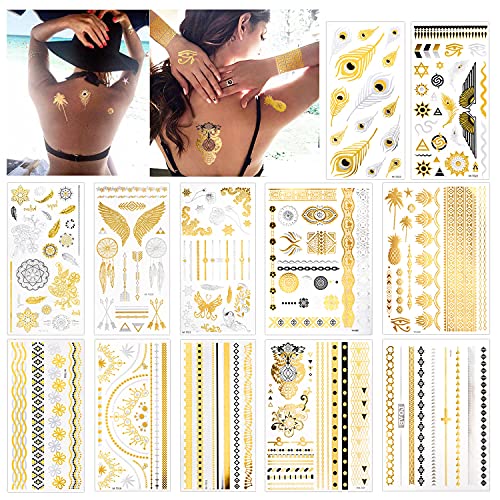 Konsait 12 Blätter Festival Tattoos Gold Metallic Temporäre Tattoos Erwachsene, 150+ Flash Goldene Tattoo Aufkleber Klebetattoos Erwachsene Frauen Mädchen Festival Accessoires von Konsait