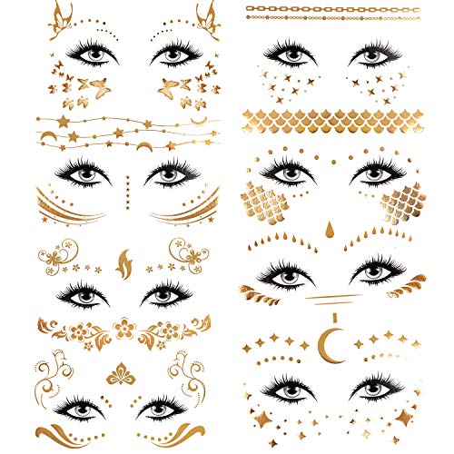 Konsait 8 Stück Tätowierung aufkleber Metallic Flash Tattoos Face Tattoo Gesicht Aufkleber Wasserdicht klebe tattoos für Frauen Damen Mädchen Augen Gesicht Karneval Fasching Party Shows Make-up von Konsait