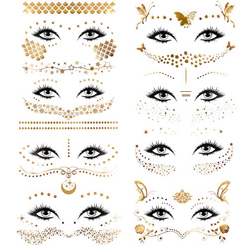 Konsait 8 Stück Tätowierung aufkleber Metallic Flash Tattoos Face Tattoo Gesicht Aufkleber Gold klebe tattoos for Frauen Dame Mädchen für Augen Gesicht Karneval Fasching Party Shows Make-up von Konsait