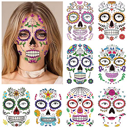 Konsait 9 Blätter Halloween Tattoo Gesicht Tag der Toten Temporäre Gesicht Tattoos Totenkopf Schädel Skelett Tag der Toten Make-up Gesichts Aufkleber für Halloween Schminke Dia de los muertos kostüm von Konsait