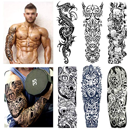 Konsait Full Arm temporäre Tattoos, extra temporär Tätowierung schwarz Klebe Tattoo Körperkunst Aufkleber Fake Arm Tattoos Sticker für männer Frauen Erwachsene (6 Blätter) von Konsait