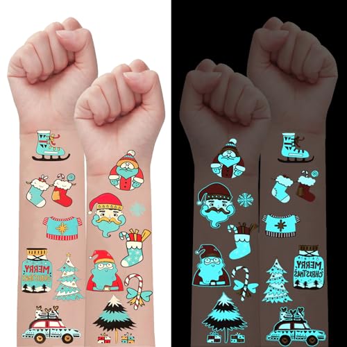 Konsait Glow in the Dark Christmas Temporary Tattoos für Kinder Erwachsene, leuchtende Weihnachten Fake Tattoos Schneemann Metallic Tattoos Weihnachten Party Favors Weihnachten Stocking Stuffers von Konsait