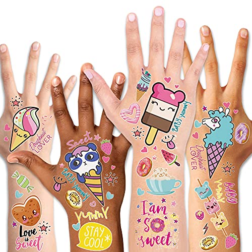 Konsait Kinder Tattoos Set, 176pcs Kuchen, Bonbon, Eiscreme Temporäre Tattoos Kinder Aufkleber für Mädchen Kindergeburtstag Mitgebsel Geschenke von Konsait