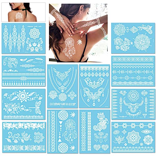 Konsait Mehndi temporäre Tätowierungs Aufkleber Temporäre Tattoos körperkuns Wasserdicht Tattoo für Mädchen Frauen Urlaub Geschenk (12 Blatt) (weiß) von Konsait