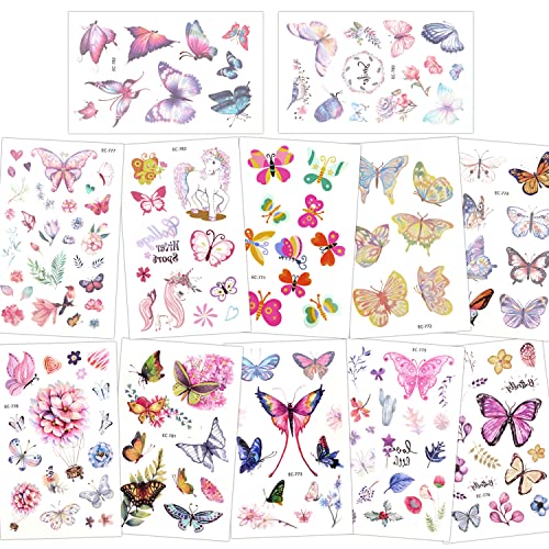 Konsait Tattoo Kinder, 12 Blätter Schmetterling Tattoo Kinder Tattoo Mädchen Kindartattoos für Mitgebsel Kindergeburtstag Gastgeschenke von Konsait