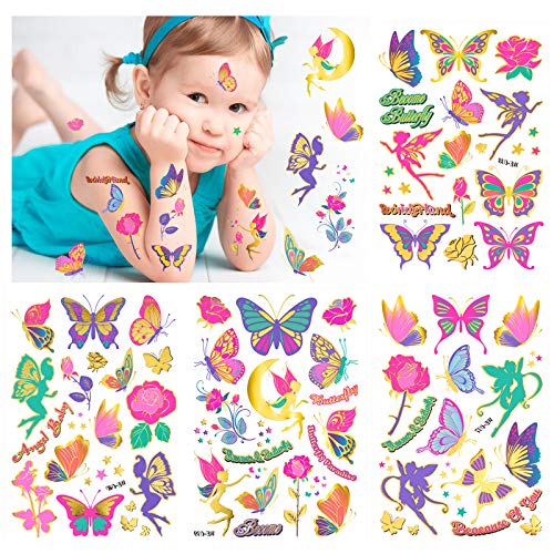 Konsait Tattoo Kinder, Glitzer Fee Schmetterling Temporäre Tattoos Set Kinder, Schmetterling Kindertattoos Aufkleber für Mädchen Kindergeburtstag Mitgebsel Party Kinder Spielen oder Geschenkidee von Konsait