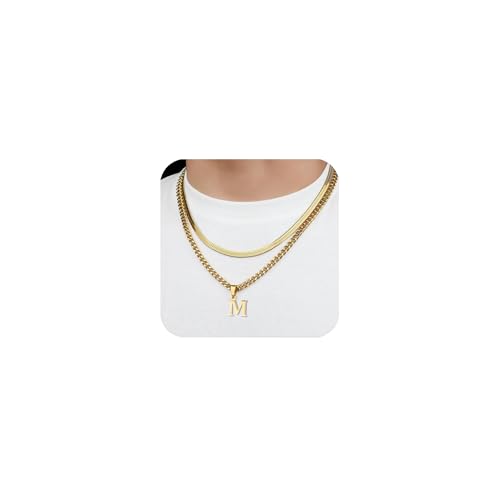 2 Stück Halskette für Jungen, Edelstahl Buchstaben Halskette, Herren Kette mit Buchstaben A-Z, Layered Initial A-Z Kette Mit Buchstaben, Schmuck Geschenke für Freund Männer Frauen (Gold M) von Konxi