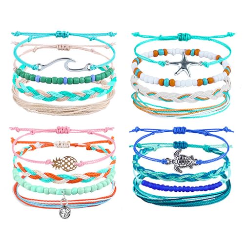 Konxi 16StK Surfer Armband Damen Set Geflochtenes Bunt Marine Seil Boho Surfer Fußkettchen Bunt Stoffarmband Handmade Freundschaftsarmband für Strandurlaub & Festival (Bunt-A) von Konxi