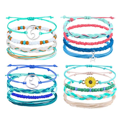 Konxi 16StK Surfer Armband Damen Set Geflochtenes Bunt Marine Seil Boho Surfer Fußkettchen Bunt Stoffarmband Handmade Freundschaftsarmband für Strandurlaub & Festival (Bunt-B) von Konxi