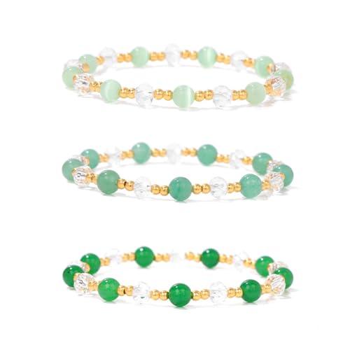 Konxi 3 Stück Echtes Naturstein Armband, Naturstein Perlen Stretch Armbänder, Edelsteine Armband Set, Chakra Armbänder Steine für Frauen Männer Teens (Grün) von Konxi