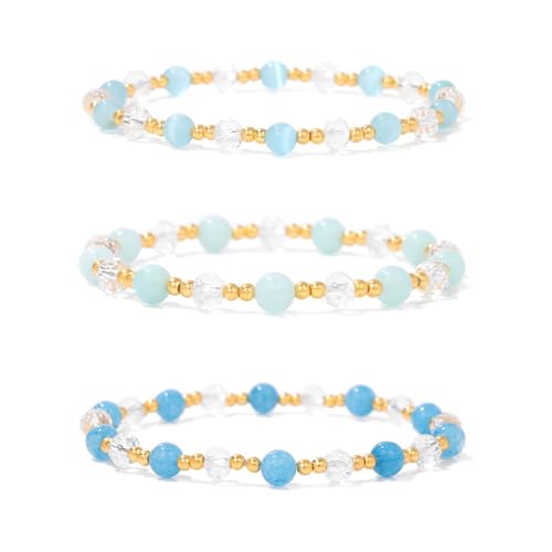 Konxi 3 Stück Echtes Naturstein Armband, Naturstein Perlen Stretch Armbänder, Edelsteine Armband Set, Chakra Armbänder Steine für Frauen Männer Teens (Blau) von Konxi