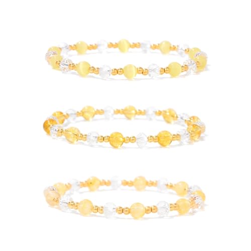 Konxi 3 Stück Echtes Naturstein Armband, Naturstein Perlen Stretch Armbänder, Edelsteine Armband Set, Chakra Armbänder Steine für Frauen Männer Teens (Gelb) von Konxi