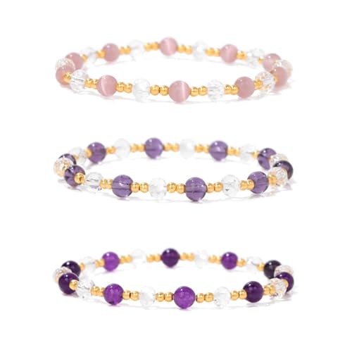 Konxi 3 Stück Echtes Naturstein Armband, Naturstein Perlen Stretch Armbänder, Edelsteine Armband Set, Chakra Armbänder Steine für Frauen Männer Teens (Lila) von Konxi
