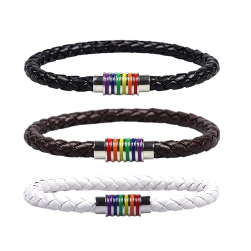 Konxi 3 Stück Herren Lederarmband LGBT Leder Armband Gay Pride Lederarmband Weiß/Braun/Schwarz Leder Armbander Personalisiertes Armband für LGBT Männer Herren von Konxi