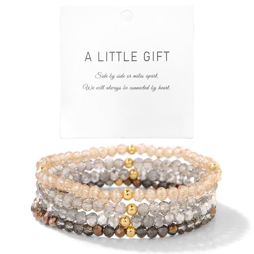 Konxi 4 Stück Boho Perlenarmband mit Goldperlen Stapelbare Bohemian Armbänder Kristall Stretch Damen Armband Mehrschichtiges Boho Armband für Frauen Damen (Champagner) von Konxi