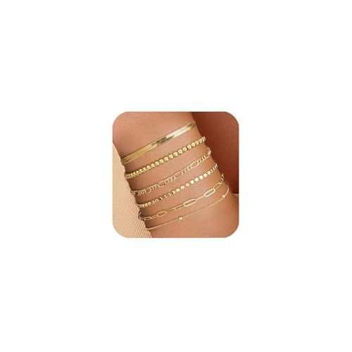 Konxi 6 Stück Armband Damen Stapelbare Gold/Silber Verstellbare Armband Set Twist Figaro Ketten Armbander für Damen Verstellbare Ketten Armband (Goldset-2) von Konxi