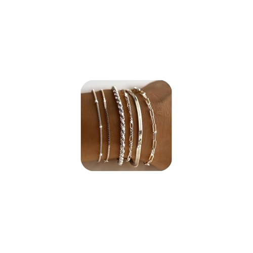 Konxi 6 Stück Armband Damen Stapelbare Gold/Silber Verstellbare Armband Set Twist Figaro Ketten Armbander für Damen Verstellbare Ketten Armband (Silberset-1) von Konxi