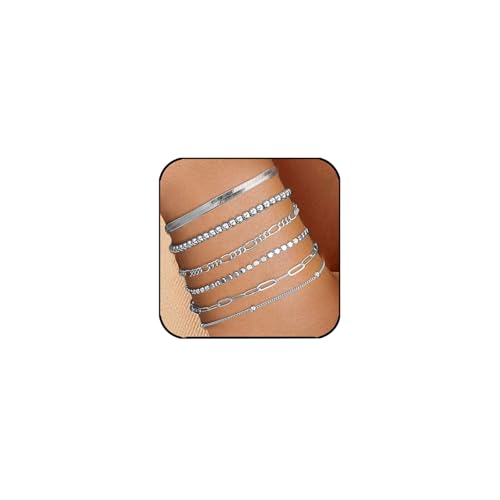Konxi 6 Stück Armband Damen Stapelbare Gold/Silber Verstellbare Armband Set Twist Figaro Ketten Armbander für Damen Verstellbare Ketten Armband (Silberset-2) von Konxi