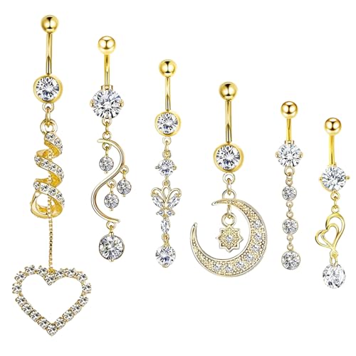 6 Stück Gold/Silber Edelstahl Piercing Bauchnabel 14G Bauchnabel Bars Piercing Schmuck Damen Bauchnabelpiercing Belly Button Ring mit Zirkonia (Gold) von Konxi
