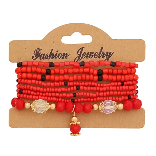 Konxi 8 Stück Boho Perlenarmband Kristall Stretch Damen Armband Boho Perlenarmband Set Stapelbare Damen Armbänder Stretch Kristall Perlen Armband (Rot) von Konxi
