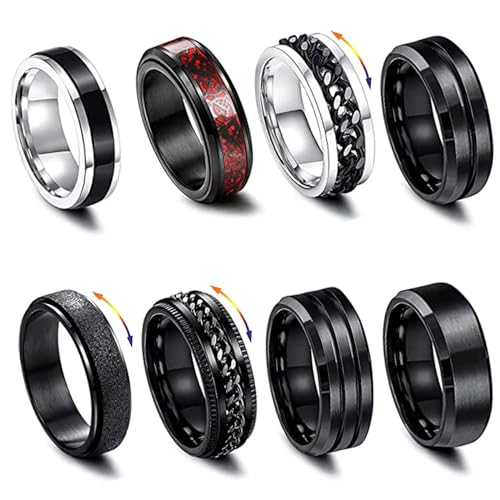 Konxi 8 Stück Männer Edelstahl Spinner Ringe Schwarz Matt Finish Poliert Band Ringe für Männer Schwarze Ringe Herren Set Coole Schwarze Ringe (67) von Konxi