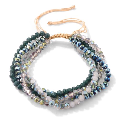Konxi Damen Kristall Perlen Armband Boho Steine Armband Damen Mehrschichtiges 4mm Boho Verstellbar Armbander Bohemian Perlenarmband für Frauen (Dunkelgrün) von Konxi