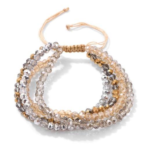 Konxi Damen Kristall Perlen Armband Boho Steine Armband Damen Mehrschichtiges 4mm Boho Verstellbar Armbander Bohemian Perlenarmband für Frauen (Erdgelb) von Konxi