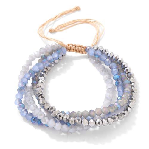 Konxi Damen Kristall Perlen Armband Boho Steine Armband Damen Mehrschichtiges 4mm Boho Verstellbar Armbander Bohemian Perlenarmband für Frauen (Hellblau) von Konxi