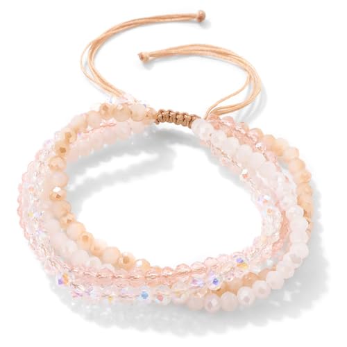 Konxi Damen Kristall Perlen Armband Boho Steine Armband Damen Mehrschichtiges 4mm Boho Verstellbar Armbander Bohemian Perlenarmband für Frauen (Hellrosa) von Konxi