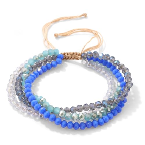 Konxi Damen Kristall Perlen Armband Boho Steine Armband Damen Mehrschichtiges 4mm Boho Verstellbar Armbander Bohemian Perlenarmband für Frauen (Himmelblau) von Konxi