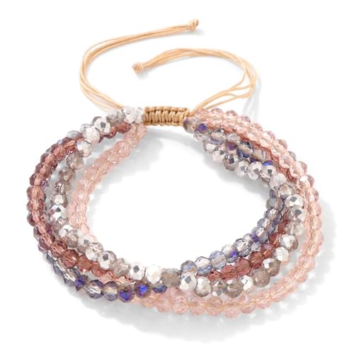 Konxi Damen Kristall Perlen Armband Boho Steine Armband Damen Mehrschichtiges 4mm Boho Verstellbar Armbander Bohemian Perlenarmband für Frauen (Rosarot) von Konxi