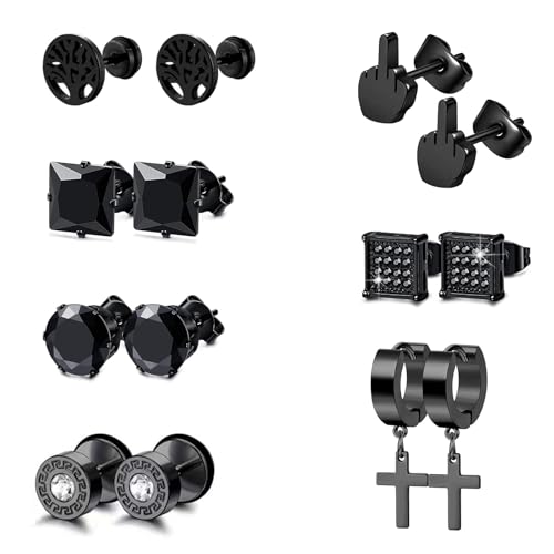 Konxi 7 Paar Diamant Ohrringe für Männer Herren Edelstahl Silber Schwarz Ohrstecker Set Edelstahl Schwarz Ohrstecker Cubic Zirkonia Jungen Ohrring Hypoallergen (Schwarz) von Konxi
