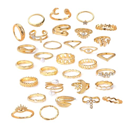 Konxi Gold Verstellbare Ringe Set 29-31 Stück Stapelbare Vintage Ringe Vintage Punk Ring Set für Männer Frauen Boho Chunky Ring Gold Damen (GoldSet-1) von Konxi