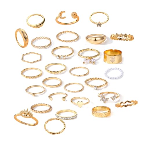 Konxi Gold Verstellbare Ringe Set 29-31 Stück Stapelbare Vintage Ringe Vintage Punk Ring Set für Männer Frauen Boho Chunky Ring Gold Damen (GoldSet-2) von Konxi