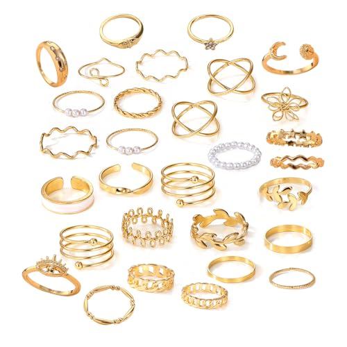 Konxi Gold Verstellbare Ringe Set 29-31 Stück Stapelbare Vintage Ringe Vintage Punk Ring Set für Männer Frauen Boho Chunky Ring Gold Damen (GoldSet-3) von Konxi