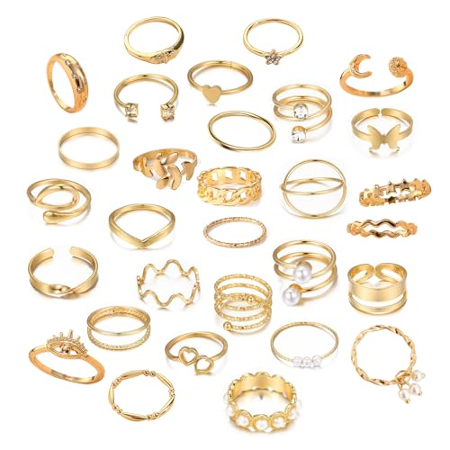 Konxi Gold Verstellbare Ringe Set 29-31 Stück Stapelbare Vintage Ringe Vintage Punk Ring Set für Männer Frauen Boho Chunky Ring Gold Damen (GoldSet-4) von Konxi