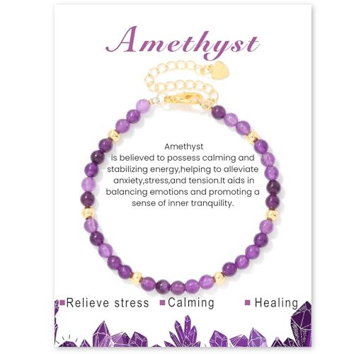 Konxi Naturstein Armband Damen 4mm Echtes Naturstein Armbander Perlenarmband Damen mit Gold Perlen Echtes Edelstein Armbander Natursteine Perlen Armband (Amethyst) von Konxi