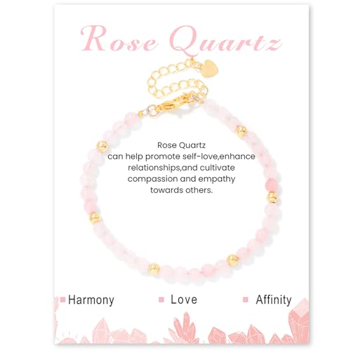 Konxi Naturstein Armband Damen 4mm Echtes Naturstein Armbander Perlenarmband Damen mit Gold Perlen Echtes Edelstein Armbander Natursteine Perlen Armband (Rosenquarz) von Konxi