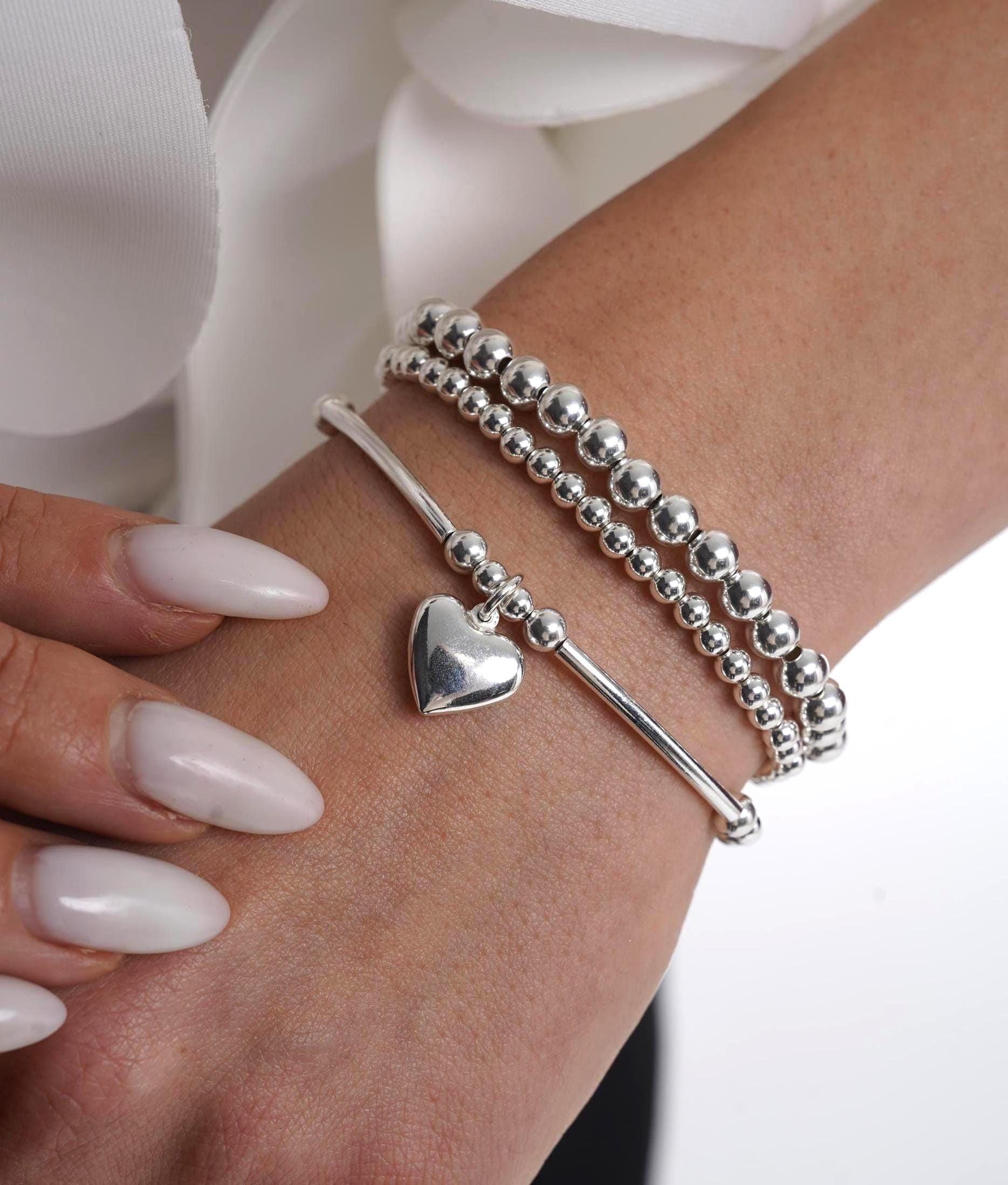 925 Sterlingsilber-Tube-Armband Mit Silbernem Herz, Sterlingsilber-Stretcharmband, Silberherzarmband, Herzarmband, Gestapelte Armbänder von KoochJewelry
