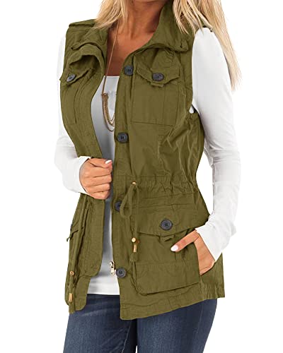 Koodred Damen Casual Military Utility Weste Leichte Ärmellose Kordelzug Jacken mit Taschen, Grün (Army Green), L von Koodred