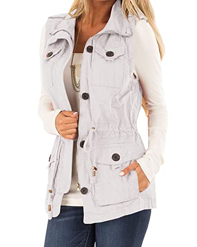 Koodred Damen Casual Military Utility Weste Leichte Ärmellose Kordelzug Jacken mit Taschen, Weiß, X-Large von Koodred