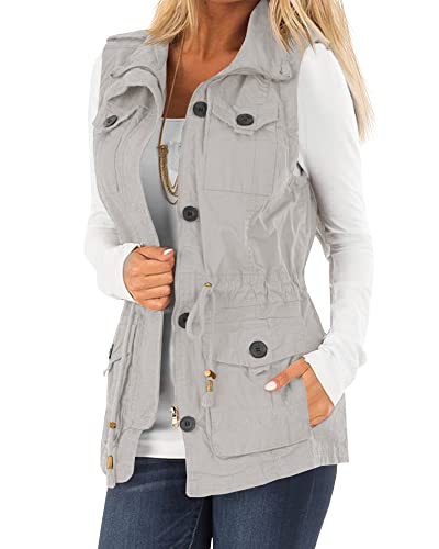 Koodred Damen Casual Military Utility Weste Leichte Ärmellose Kordelzug Jacken mit Taschen, grau, Large von Koodred