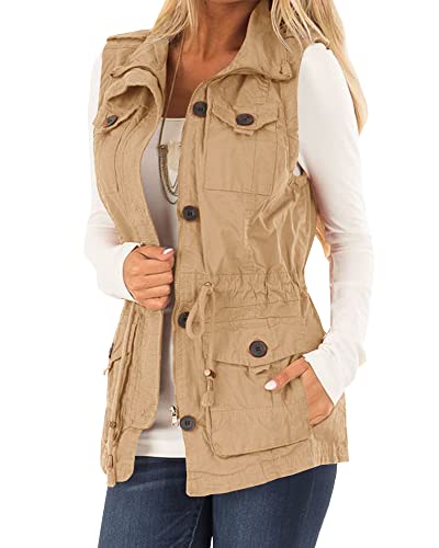 Koodred Damen Casual Military Utility Weste Leichte Ärmellose Kordelzug Jacken mit Taschen, khaki, Large von Koodred