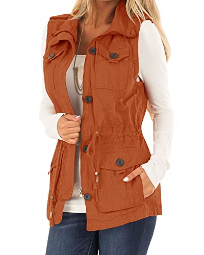 Koodred Damen Casual Military Utility Weste Leichte Ärmellose Kordelzug Jacken mit Taschen, rose, Large von Koodred