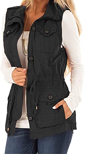 Koodred Damen Casual Military Utility Weste Leichte Ärmellose Kordelzug Jacken mit Taschen, schwarz, X-Large von Koodred